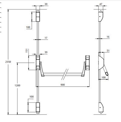 Замок TESA для евакуаційного виходу накладний GLOBAL2S 2 Locking NR 1200мм 8x8мм N: black (RAL 9005)/ R: red (RAL 3000)